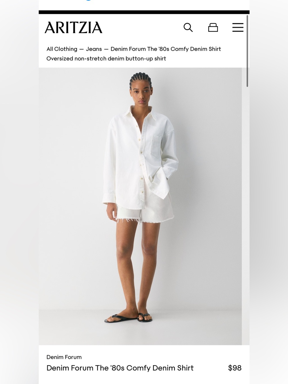 NWOT Aritzia Denim Forum White the 80s Comfy Denim Shirt